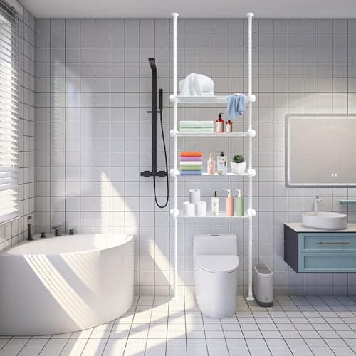 White Bathroom Space Saver Shelf with Adjustable Rack
