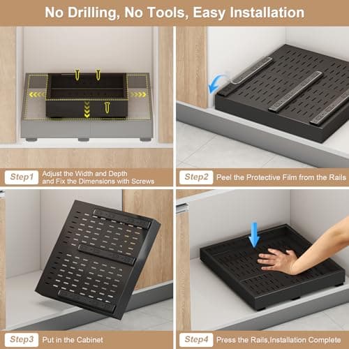Black Expandable Cabinet Organizer (11"-16" W, 17"-24" D), 3 Rails, Rollout Drawers, No Drill Shelves, Kitchen & Pantry