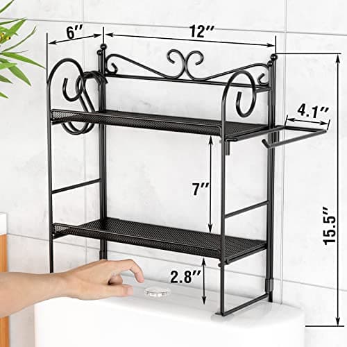 2 Tier Black Over Toilet Storage Organizer Shelf with Hooks and Paper Holder