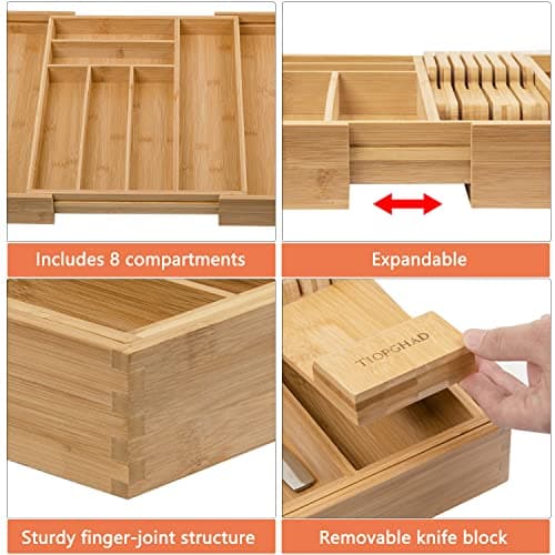 Expandable Bamboo Silverware Drawer Organizer for Kitchen