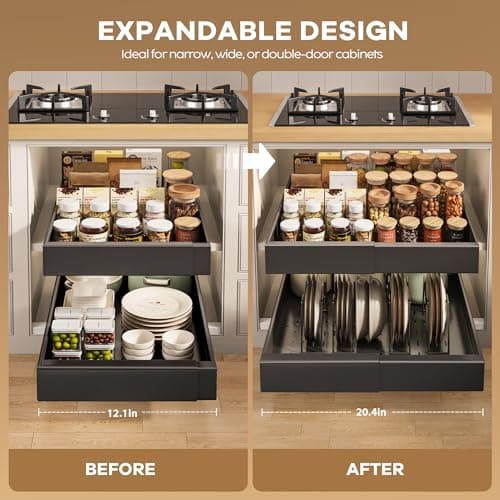 2 Pack Expandable Cabinet Organizer for Kitchen Framed Cabinets, 21" Deep Black