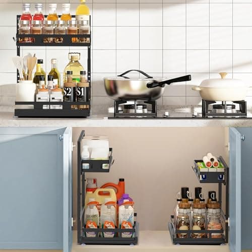 LBTING 2 Tier L-Shaped Metal Under Sink Organizer with Drawer - Black