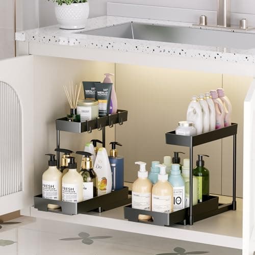 Delamu Under Sink Organizers: 2 Pack L-Shaped Pull-Out Cabinet Storage with Drawer for Bathroom and Kitchen