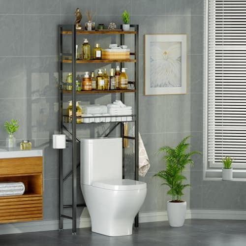 Black Over-The-Toilet Storage with 4 Tiers and 9 Hooks