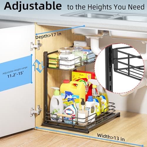 Delamu Height Adjustable Under Sink Organizer, 2 Pack Storage Shelf for Kitchen & Bathroom