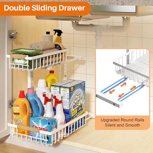 REALINN Adjustable Under Sink Storage, 2-Tier White Drawer Cabinet for Kitchen & Bathroom