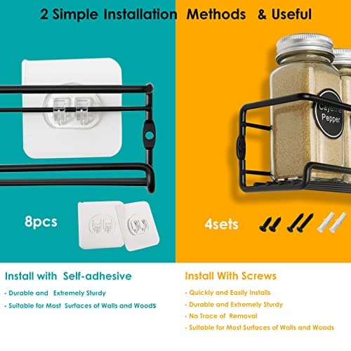 Wall-Mounted 4-Piece Spice Rack Organizer for Jars and Seasonings, Screw or Adhesive Installation for Kitchen Cabinet or Pantry Door