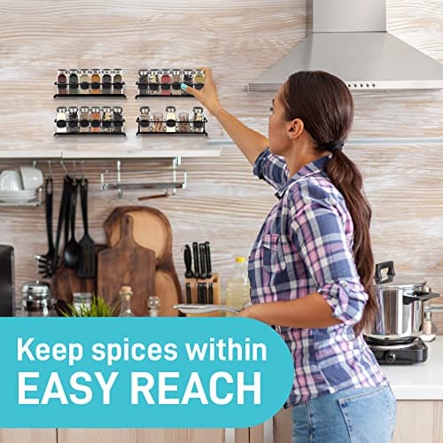 Wall Mount Spice Rack - 4-Tier Iron Organizer for Spice Jars - Space-Saving and Versatile - Black