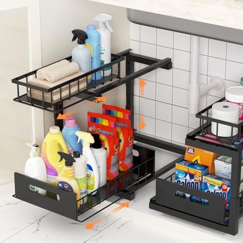 2-Pack Heavy Duty Under Sink Organizer, Adjustable Multi-Purpose Shelf (Black)