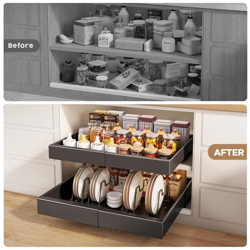 2 Pack Expandable Cabinet Organizer for Kitchen Framed Cabinets, 21" Deep Black
