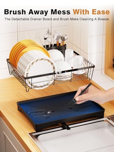 Super Spacious & Compact Kitchen Dish Drying Rack, 360° Rotary Spout, Rustproof Black Organizer