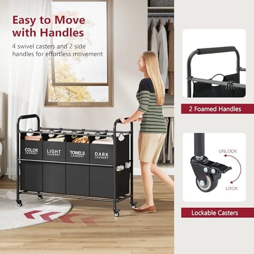 Tajsoon 4 Bag Laundry Sorter Cart, Black