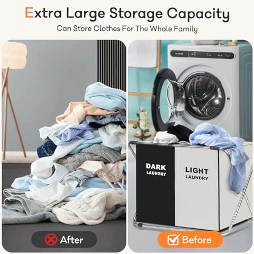 135L Laundry Sorter Basket with Aluminum Frame, 26" x 24" H, Black+White (2-Section)