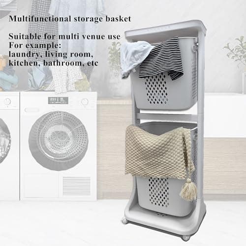 2-Tier Plastic Laundry Basket with Wheels, 40L+32L Capacity, Multi-Functional Kitchen & Bathroom Organizer
