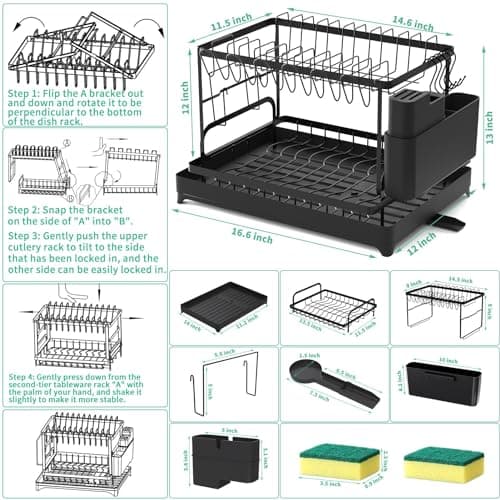 2-Tier Large Stainless Steel Dish Drying Rack with Drainboard for Kitchen Counter, Black