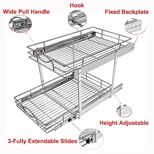 14" W x 21" D Chrome 2-Tier Slide-Out Drawer Organizer for Kitchen, Bathroom, Pantry