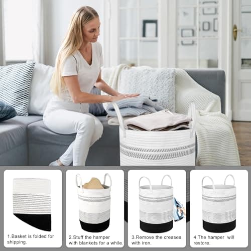 2-Pack Large Tall Rope Laundry Baskets, 58L & 28L Black, Living Room & Bedroom Storage
