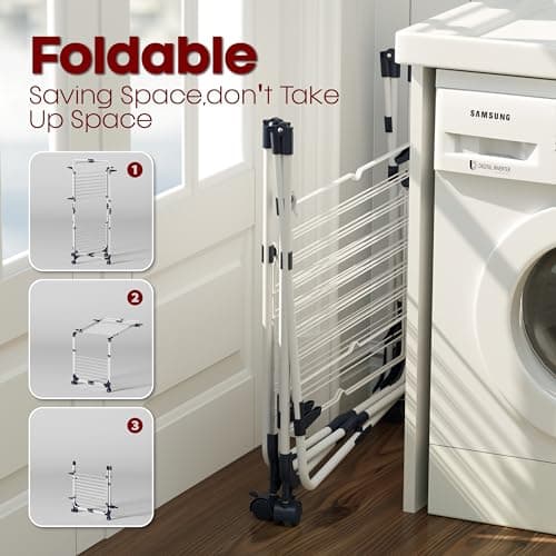 APEXCHASER 3-Tier Collapsible Laundry Rack with Wheels & Hooks, White