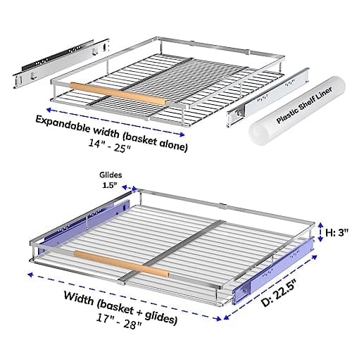 Drawer Cabinet Organizer for Cabinets 17 - 28 Wide - Expandable Shelves - Heavy Duty and Smooth Sliding
