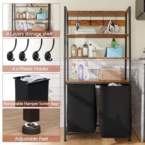 Laundry Hamper with Shelf, Hooks, and Removable Bags: For Laundry Room, Bathroom, Bedroom
