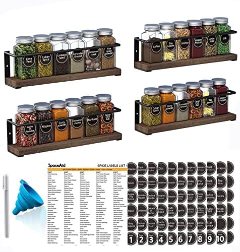 SpaceAid Spice Rack Organizer (4 Pack) for Cabinets or Wall with Labels - Wood Seasoning Shelf for Pantry