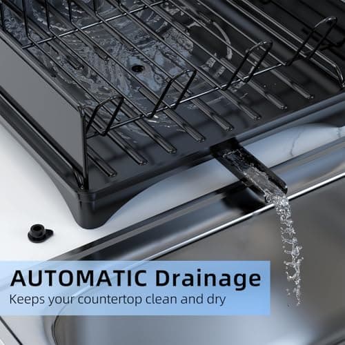 Black Kitchen Counter Dish Drying Rack with Drain & Cutlery Holder