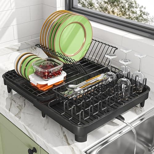 LEMIKKLE Space-Saving Expandable Dish Drying Rack with Cutlery Holder - Grey