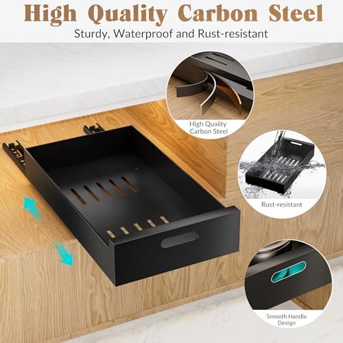 Pull Out Cabinet Organizer Adhesive, 10-Inch Wide Sturdy Carbon Steel Drawers for Cabinets