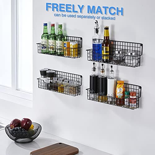 Wall-Mounted Spice Rack Set of 4 - Space-Saving Organizer for Kitchen Cabinets and Pantry Doors, Black