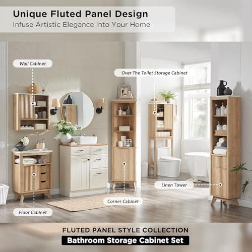 RedLemon Curved Profile Toilet Cabinet, 68" Tall, Faux Marble Top, Adjustable Shelf, Natural Oak