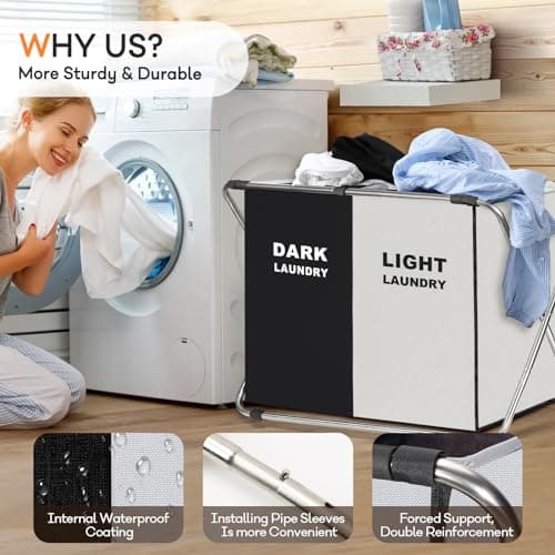 135L Laundry Sorter Basket with Aluminum Frame, 26" x 24" H, Black+White (2-Section)