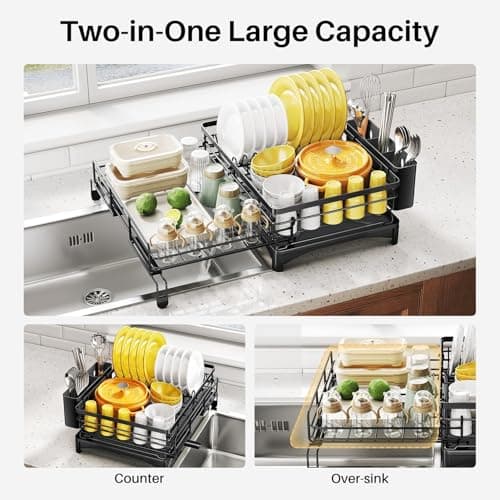 Extendable Stainless Steel Dish Drying Rack with Utensil Holder for Kitchen Counter (Black)