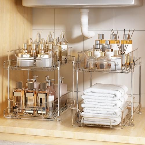 Under Sink Organizer Set: 2 Stackable Clear Bathroom Storage Drawer Bins with Dividers for Kitchen, Pantry, and Closet