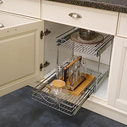 14" W x 21" D Chrome 2-Tier Slide-Out Drawer Organizer for Kitchen, Bathroom, Pantry