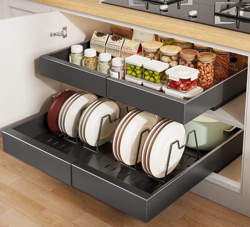 2 Pack Expandable Cabinet Organizer for Kitchen Framed Cabinets, 21" Deep Black