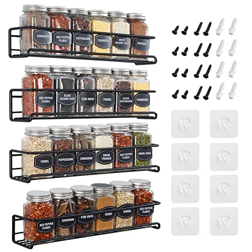 Wall Mount Spice Rack - 4-Tier Iron Organizer for Spice Jars - Space-Saving and Versatile - Black