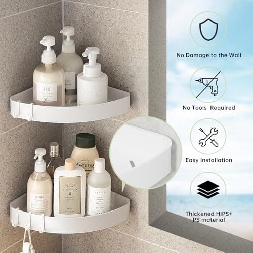 2 Pack Adhesive White Corner Shower Caddy, Rustproof Plastic Shelving with 4 Hooks, Space-Saving Bathroom Organizer