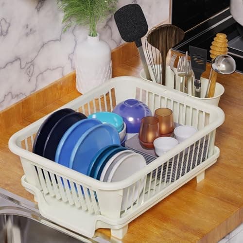 Space-Saving 3PC Large Plastic Dish Drying Rack with Cutlery Holder