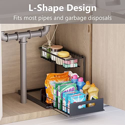 2-Tier Black Kitchen Cabinet Organizer Under Sink Storage (Sturdy Metal, 1 Pack)