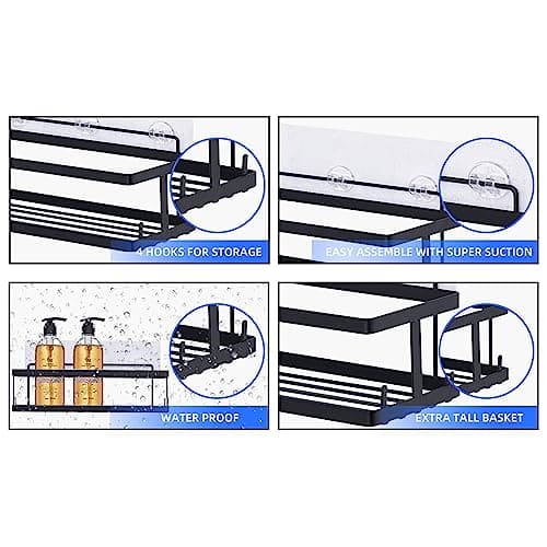Comelyjewel Black Shower Caddy with Hooks, Baskets, and Razor Holder