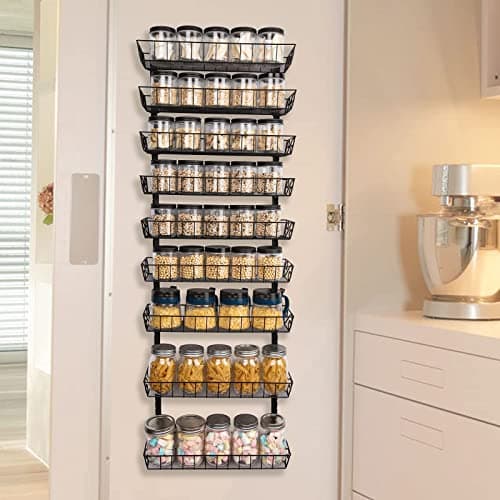 Adjustable Wall Mount Spice Rack for Kitchen Storage, 9-Tier Organizer - Black