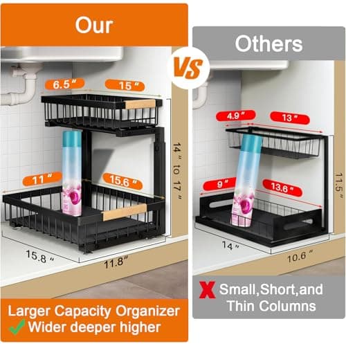 Upgraded 2-Pack 3.0 2-Tier Under Sink Organizer, Sliding Cabinet Shelf with Hooks & Cups, Rust-Resistant Black