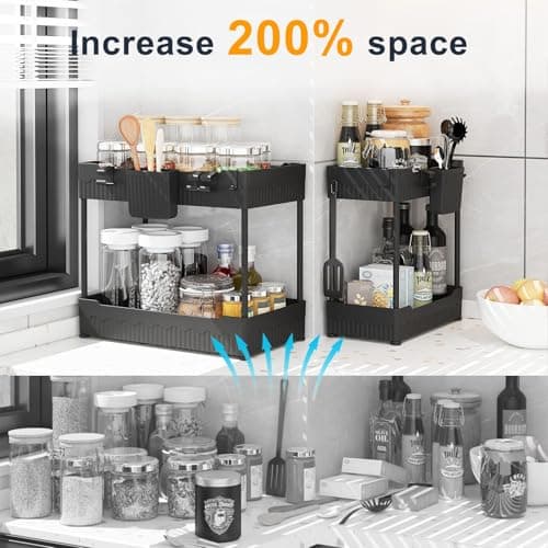 2 Pack Under Sink Organizer, Black: Hooks & Cups for Multi-Purpose Storage