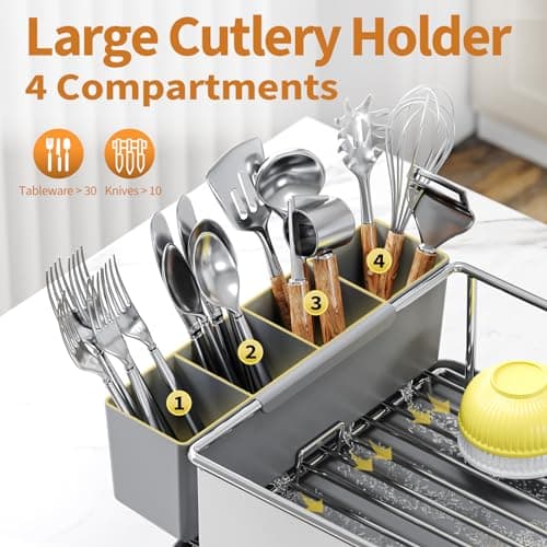 Stainless Steel Dish Drying Rack for Kitchen Counter with Cutlery Holder