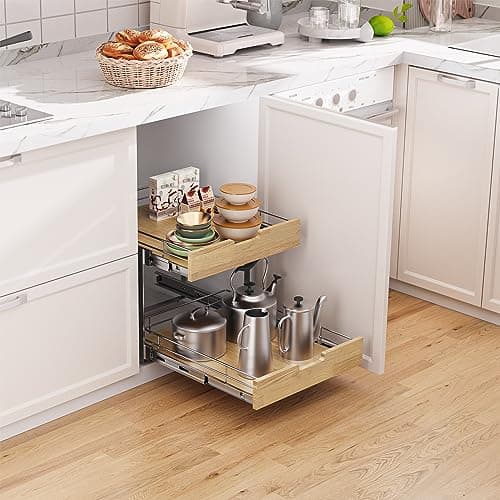 Heavy-Duty Pull-Out Cabinet Organizer for Kitchen and Pantry, 20" x 21" Wood & Wirebasket