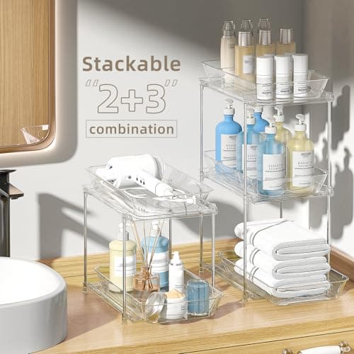 4-Pack Bathroom Sink Organizers & 2-Tier Clear Medicine Cabinet + Pull-Out Kitchen Pantry Storage