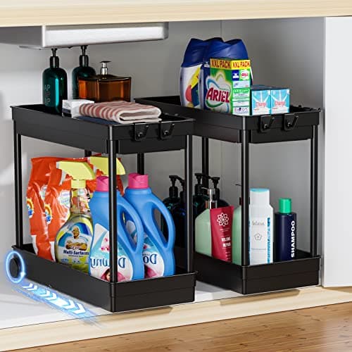 2 Pack Under Sink Organizer - 2 Tier Bathroom and Kitchen Storage Baskets with Hooks, Black