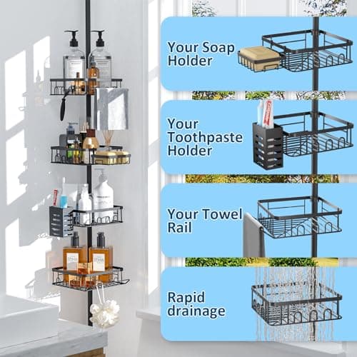 Rustproof 34-101 Inch Corner Shower Caddy with 4 Tier Organizer & Tension Pole - Black