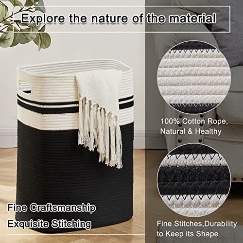 OIAHOMY Tall Cotton Laundry Hamper with Handles-16x13x22in Black