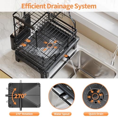 Expandable 2-Tier Dish Rack with Drainboard & Cup Holder for Kitchen Counter, Black